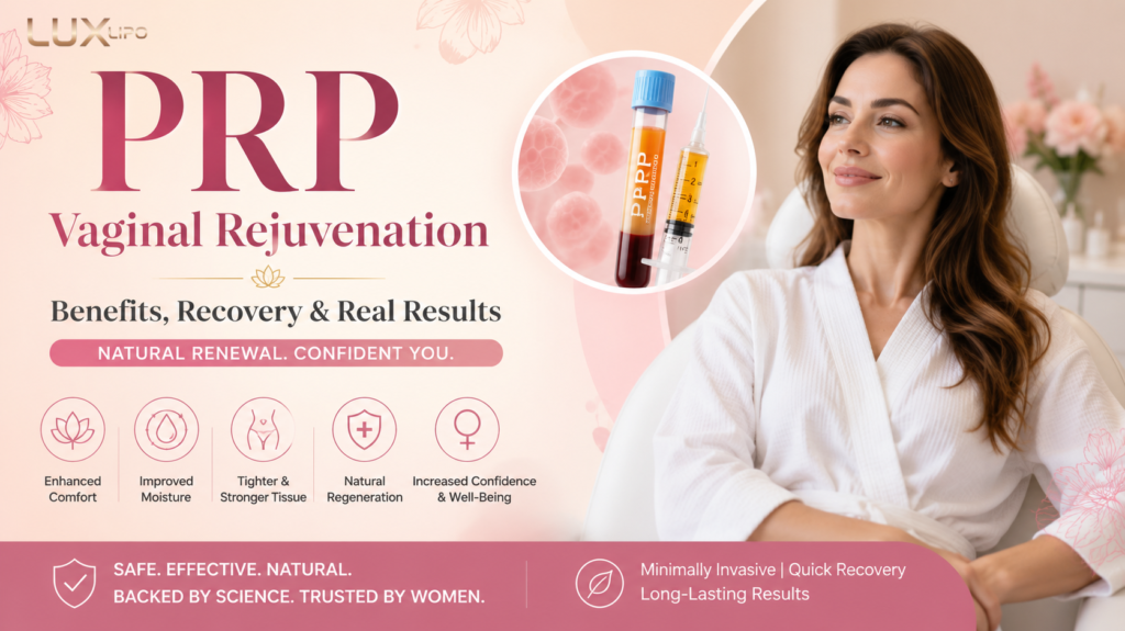 Lux Lipo promotional graphic in Jonesboro, AR presenting PRP vaginal rejuvenation benefits, recovery, and real results for women.