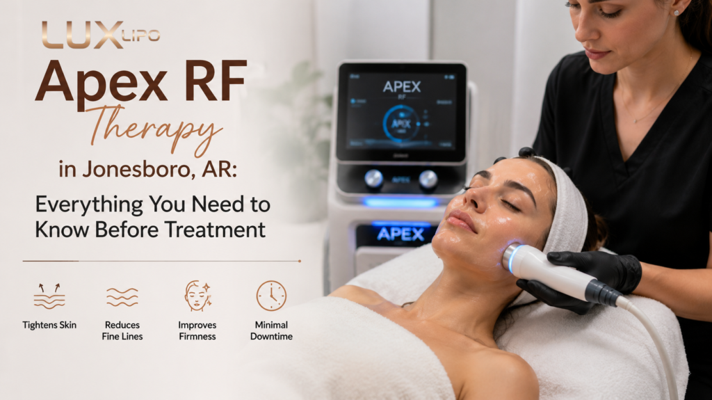 Apex RF Therapy banner showing a practitioner treating a patient with a handheld device at Lux Lipo in Jonesboro, AR.