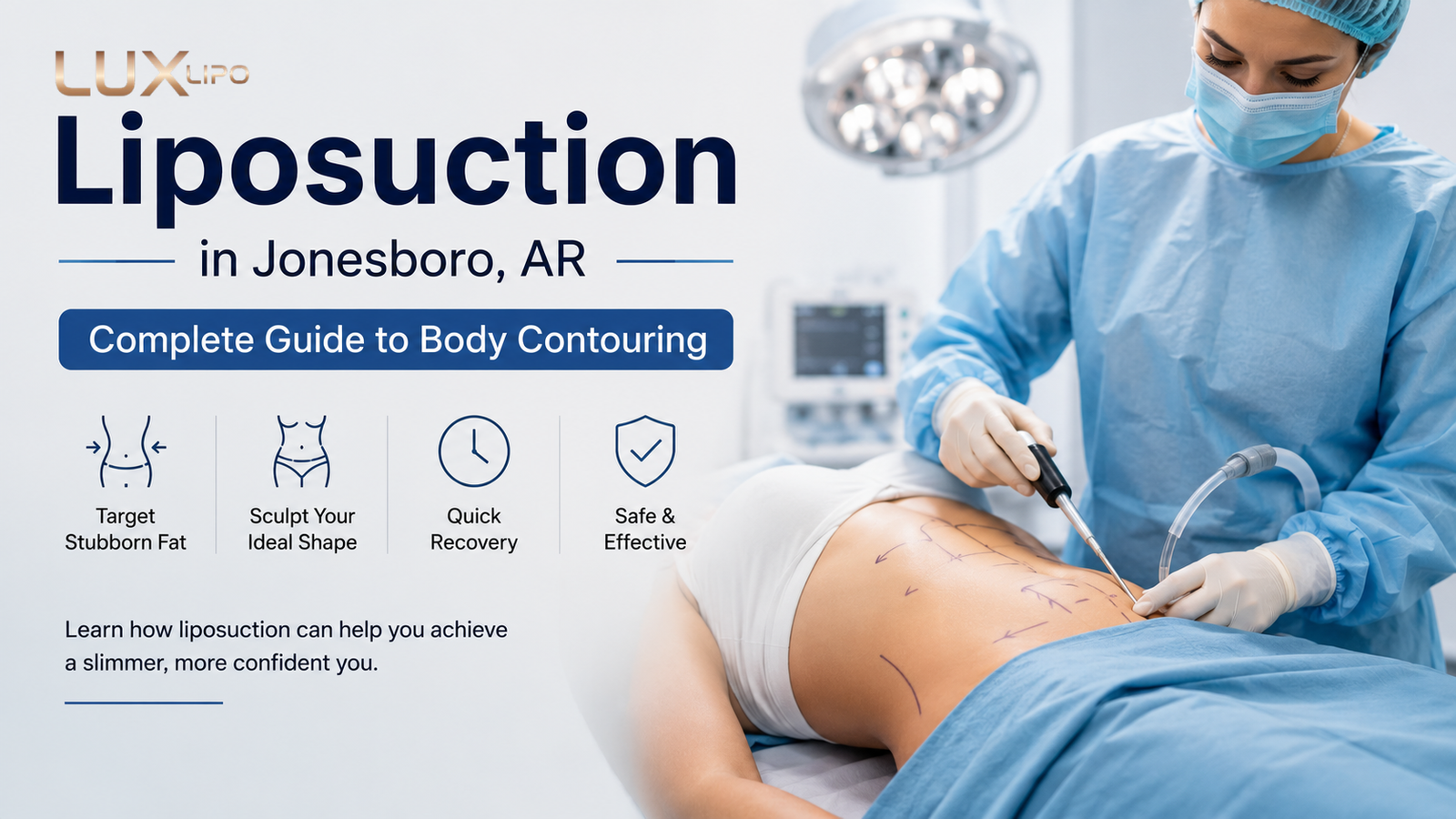 Liposuction in Jonesboro, AR promotional banner featuring a surgeon performing a simulated procedure alongside the Lux Lipo logo.